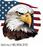 Bald American eagle on the background of the US flag. Стоковое AI-изображение, AI-художник Ярославский Максим / Фотобанк Лори