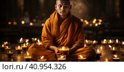 A Buddhist monk sits in a lotus position among many candles. Created by AI. Стоковое AI-изображение, AI-художник Ярославский Максим / Фотобанк Лори
