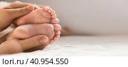 Mother holding Baby Feet in Hands. Legs Newborn in female parents Hand. Small children's Feet in the Mom Palm. Close-up. Little Toes of Child and Woman Hands of Happy Parent. Mother's Day Holiday. Стоковое фото, фотограф Марина Демидюк / Фотобанк Лори