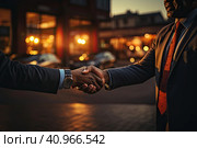 The two men handshake in the office on the sunset background. Buying a car in a car dealership concept. leasing, carsharing, car rent. Стоковое AI-изображение, AI-художник Ирина Михайличенко / Фотобанк Лори