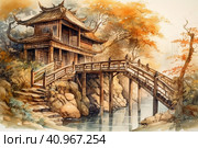 Landscape painting, ancient style, scroll, bamboo grove, wooden bridge, ancient architecture, upturned eaves, tranquility, pastoral scenery,, watercolor style, Generative AI. Стоковое AI-изображение, AI-художник Анна Кривицкая / Фотобанк Лори