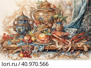 Still life with shrimps in a dish, watercolor style, Generative AI. Стоковое AI-изображение, AI-художник Анна Кривицкая / Фотобанк Лори