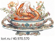 Still life with shrimps in a dish, watercolor style, Generative AI. Стоковое AI-изображение, AI-художник Анна Кривицкая / Фотобанк Лори