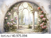 Large oval windows overlooked a garden with roses, watercolor style, Generative AI. Стоковое AI-изображение, AI-художник Анна Кривицкая / Фотобанк Лори