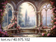 Large oval windows overlooked a garden with roses, watercolor style, Generative AI. Стоковое AI-изображение, AI-художник Анна Кривицкая / Фотобанк Лори