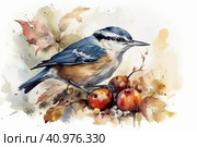 Nuthatch on a white background, watercolor style, Generative AI. Стоковое AI-изображение, AI-художник Анна Кривицкая / Фотобанк Лори