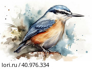 Nuthatch on a white background, watercolor style, Generative AI. Стоковое AI-изображение, AI-художник Анна Кривицкая / Фотобанк Лори