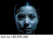 Распознавание лиц. Лицо девушки с нанесёнными на него точками идентификации личности. Facial recognition technology (FRT) Стоковое AI-изображение, AI-художник Татьяна Бакуменко / Фотобанк Лори