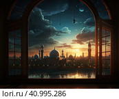 Ramadan carim in the background. View from a large window of the city at night. Стоковое AI-изображение, AI-художник Ярославский Максим / Фотобанк Лори