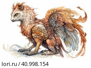 Fairy griffin on a white background, watercolor style, Generative AI. Стоковое AI-изображение, AI-художник Анна Кривицкая / Фотобанк Лори