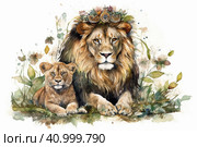 Watercolor picture of a lion and a lion cub on a white background, watercolor style, Generative AI. Стоковое AI-изображение, AI-художник Анна Кривицкая / Фотобанк Лори