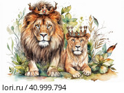 Watercolor picture of a lion and a lion cub on a white background, watercolor style, Generative AI. Стоковое AI-изображение, AI-художник Анна Кривицкая / Фотобанк Лори