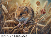 Field mouse among the grass, watercolor style, Generative AI. Стоковое AI-изображение, AI-художник Анна Кривицкая / Фотобанк Лори