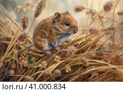 Field mouse among the grass, watercolor style, Generative AI. Стоковое AI-изображение, AI-художник Анна Кривицкая / Фотобанк Лори