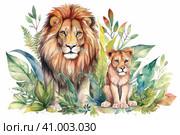Watercolor picture of a lion and a lion cub on a white background, watercolor style, Generative AI. Стоковое AI-изображение, AI-художник Анна Кривицкая / Фотобанк Лори