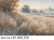 Beautiful landscape with hills and feather grass, watercolor style, Generative AI. Стоковое AI-изображение, AI-художник Анна Кривицкая / Фотобанк Лори