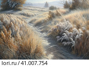 Beautiful landscape with hills and feather grass, watercolor style, Generative AI. Стоковое AI-изображение, AI-художник Анна Кривицкая / Фотобанк Лори