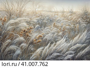Beautiful landscape with hills and feather grass, watercolor style, Generative AI. Стоковое AI-изображение, AI-художник Анна Кривицкая / Фотобанк Лори