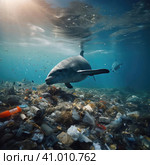 Fish in garbage in the ocean. Стоковое AI-изображение, AI-художник Кирилл Черезов / Фотобанк Лори
