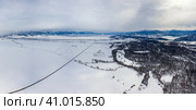 Горный Алтай зимой: Уймонская степь. Вид с воздуха. Altai Mountains in winter: Uimon steppe. Aerial view. Стоковое фото, фотограф Евгений Романов / Фотобанк Лори