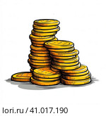 Stacks of coins are yellow on a white background. Created by AI. Стоковое фото, фотограф Ярославский Максим / Фотобанк Лори