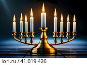 Fantasy Hanukkah candlestick with nine burning candles. Стоковое AI-изображение, AI-художник Роман Сигаев / Фотобанк Лори