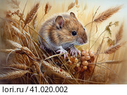 Field mouse among the grass, watercolor style, Generative AI. Стоковое AI-изображение, AI-художник Анна Кривицкая / Фотобанк Лори