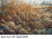Beautiful landscape with hills and feather grass, watercolor style, Generative AI. Стоковое AI-изображение, AI-художник Анна Кривицкая / Фотобанк Лори