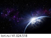 Planets, stars and galaxies in space. Space art, science fiction wallpaper. Sunrise over the planet. Стоковое фото, фотограф Оксана Прахова / Фотобанк Лори