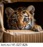 A tiger cub looks out of a cardboard box. a little predator. Generative AI. Стоковое AI-изображение, AI-художник Ирина Ручушкина / Фотобанк Лори