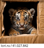 A tiger cub looks out of a cardboard box. a little predator. Generative AI. Стоковое AI-изображение, AI-художник Ирина Ручушкина / Фотобанк Лори