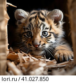 A tiger cub looks out of a cardboard box. a little predator. Generative AI. Стоковое AI-изображение, AI-художник Ирина Ручушкина / Фотобанк Лори