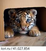 A tiger cub looks out of a cardboard box. a little predator. Generative AI. Стоковое AI-изображение, AI-художник Ирина Ручушкина / Фотобанк Лори