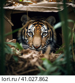 A tiger cub looks out of a cardboard box. a little predator. Generative AI. Стоковое AI-изображение, AI-художник Ирина Ручушкина / Фотобанк Лори