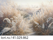 Beautiful landscape with hills and feather grass, watercolor style, Generative AI. Стоковое AI-изображение, AI-художник Анна Кривицкая / Фотобанк Лори