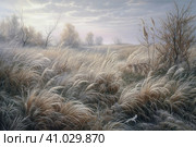 Beautiful landscape with hills and feather grass, watercolor style, Generative AI. Стоковое AI-изображение, AI-художник Анна Кривицкая / Фотобанк Лори