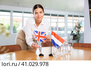 Young lady sets miniatures flags of Netherlands and Great Britain for international negotiations. Стоковое фото, фотограф Яков Филимонов / Фотобанк Лори