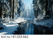 Freezing river in a snowy winter forest, snow and ice in nature, beautiful winter landscape, AI Generated. Стоковое AI-изображение, AI-художник Станислав Тарко / Фотобанк Лори