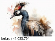 Crowned crane on a white background, watercolor style, Generative AI. Стоковое AI-изображение, AI-художник Анна Кривицкая / Фотобанк Лори