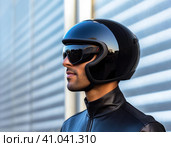 Biker in a modern helmet. Стоковое AI-изображение, AI-художник Кирилл Черезов / Фотобанк Лори
