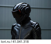 Biker in a modern helmet. Стоковое AI-изображение, AI-художник Кирилл Черезов / Фотобанк Лори