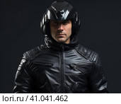 Biker in a modern helmet. Стоковое AI-изображение, AI-художник Кирилл Черезов / Фотобанк Лори