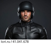 Biker in a modern helmet. Стоковое AI-изображение, AI-художник Кирилл Черезов / Фотобанк Лори