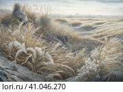 Beautiful landscape with hills and feather grass, watercolor style, Generative AI. Стоковое AI-изображение, AI-художник Анна Кривицкая / Фотобанк Лори
