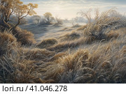Beautiful landscape with hills and feather grass, watercolor style, Generative AI. Стоковое AI-изображение, AI-художник Анна Кривицкая / Фотобанк Лори