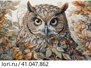 Owl close-up drawing with high detail and many artsy details, watercolor style, Generative AI. Стоковое AI-изображение, AI-художник Анна Кривицкая / Фотобанк Лори