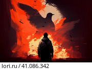 A flying dove against the backdrop of a burning city. In the foreground, a silhouette of a man. Illustration by Generative AI. Стоковое AI-изображение, AI-художник Sergey Kohl / Фотобанк Лори