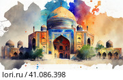 Registan - the heart of the ancient city of Samarkand of the Timurid Empire, now in Uzbekistan. Watercolor style illustration by Generative AI. Стоковое AI-изображение, AI-художник Sergey Kohl / Фотобанк Лори