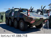 BERLIN, GERMANY - JUNE 23, 2022: Armoured fighting vehicle GTK Boxer BAT (medical transport). Exhibition ILA Berlin Air Show 2022. Редакционное фото, фотограф Sergey Kohl / Фотобанк Лори