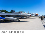 BERLIN, GERMANY - JUNE 23, 2022: Multirole fighter, air superiority fighter Lockheed Martin F-16 Fighting Falcon. US Air Force. Exhibition ILA Berlin Air Show 2022. Редакционное фото, фотограф Sergey Kohl / Фотобанк Лори
